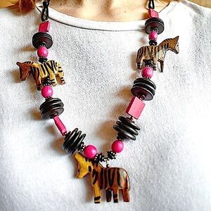 Zebra Wooden Beaded Necklace size 13” Long